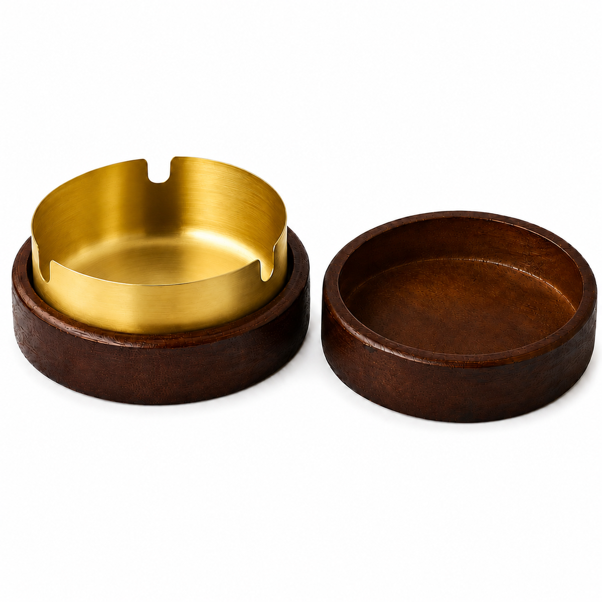Holzaschenbecher mit Deckel verschließbar mit Edelstahleinsatz in Gold