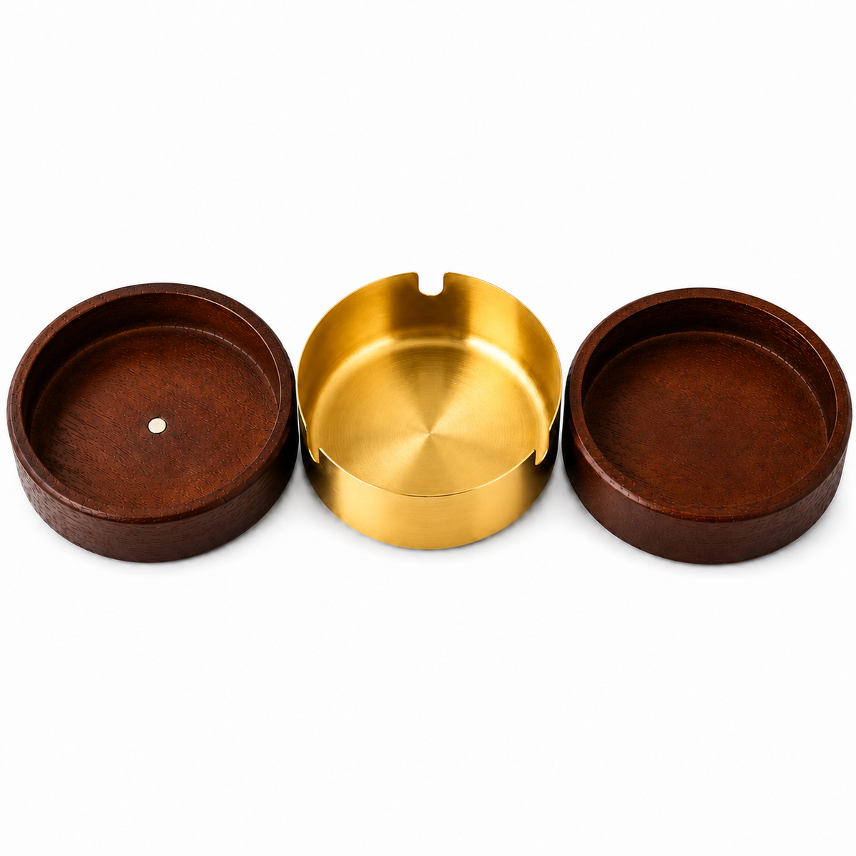 Holzaschenbecher mit Deckel verschließbar mit Edelstahleinsatz in Gold